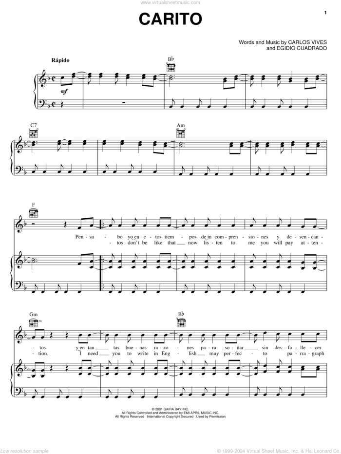 Carito sheet music for voice, piano or guitar by Carlos Vives and Egidio Cuadrado, intermediate skill level