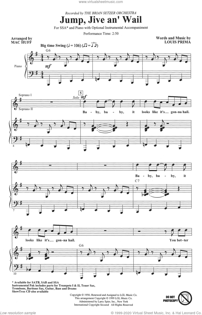 Jump, Jive An' Wail (arr. Mac Huff) sheet music for choir (SSA: soprano, alto) by Louis Prima, Mac Huff and Brian Setzer, intermediate skill level