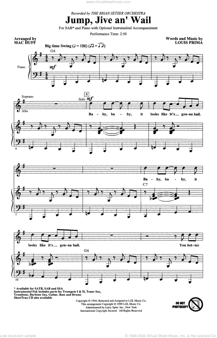 Jump, Jive An' Wail (arr. Mac Huff) sheet music for choir (SAB: soprano, alto, bass) by Louis Prima, Mac Huff and Brian Setzer, intermediate skill level