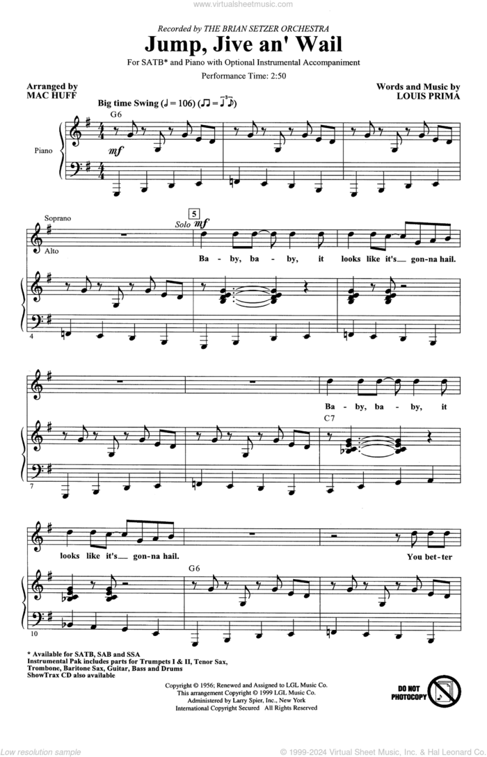 Jump, Jive An' Wail (arr. Mac Huff) sheet music for choir (SATB: soprano, alto, tenor, bass) by Louis Prima, Mac Huff and Brian Setzer, intermediate skill level