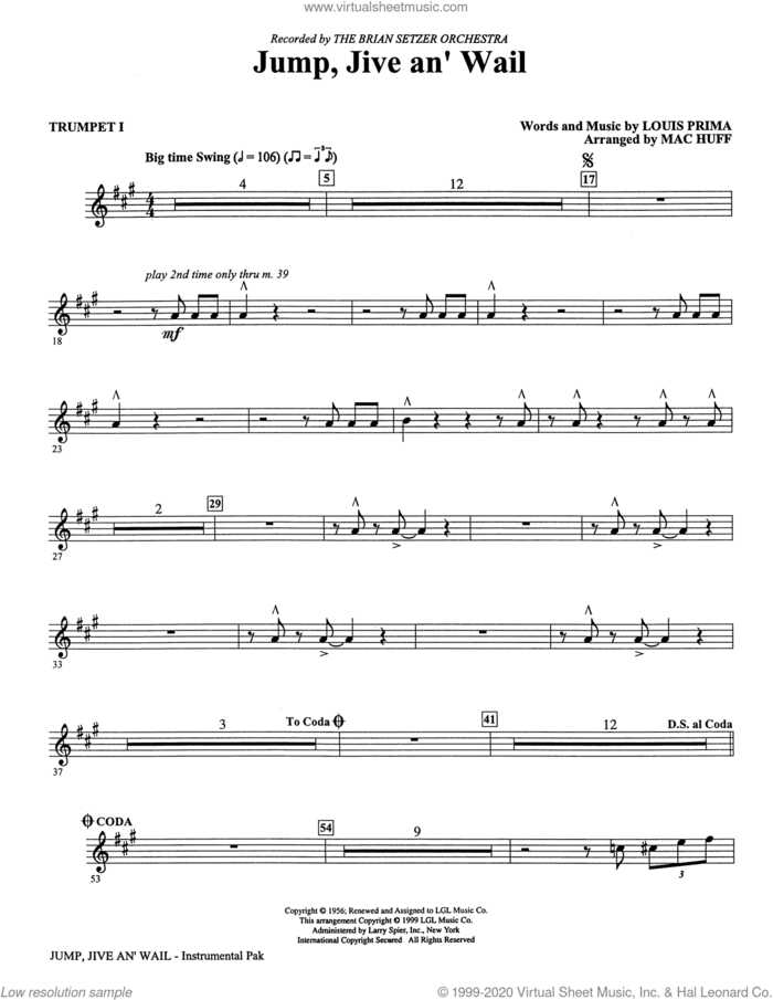 Jump, Jive An' Wail (arr. Mac Huff) (complete set of parts) sheet music for orchestra/band by Mac Huff, Brian Setzer and Louis Prima, intermediate skill level