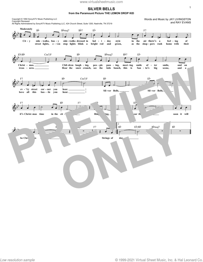 Silver Bells sheet music for voice and other instruments (fake book) by Jay Livingston, Jay Livingston & Ray Evans and Ray Evans, intermediate skill level