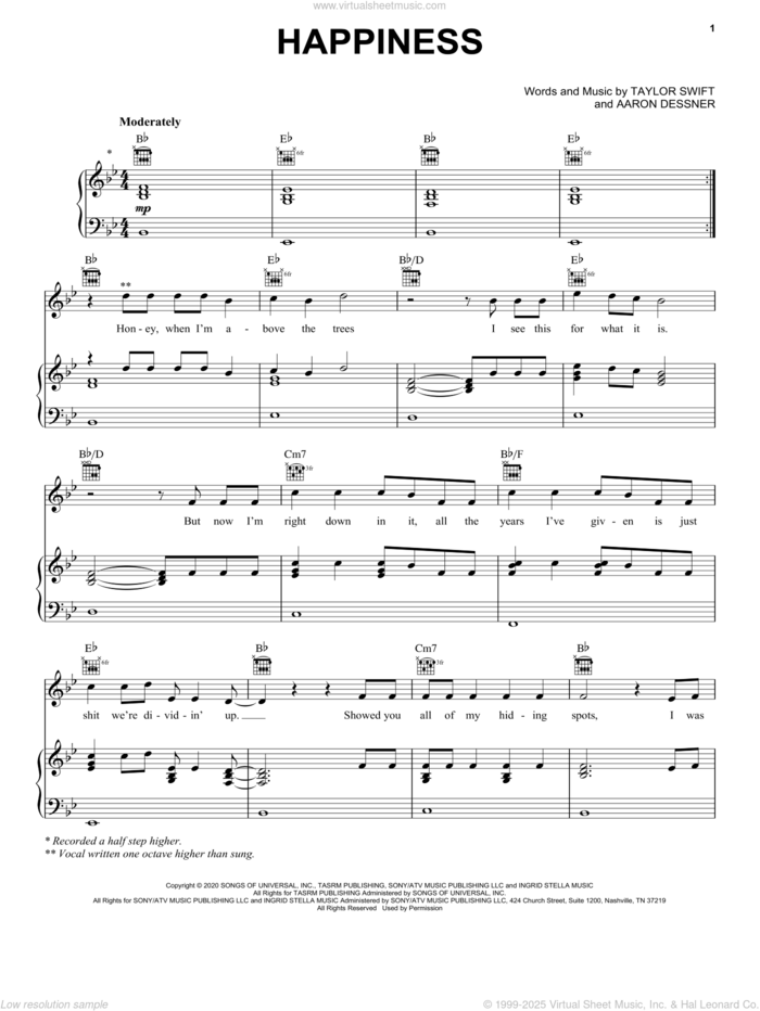 happiness sheet music for voice, piano or guitar by Taylor Swift and Aaron Dessner, intermediate skill level