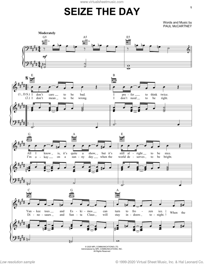 Seize The Day sheet music for voice, piano or guitar by Paul McCartney, intermediate skill level