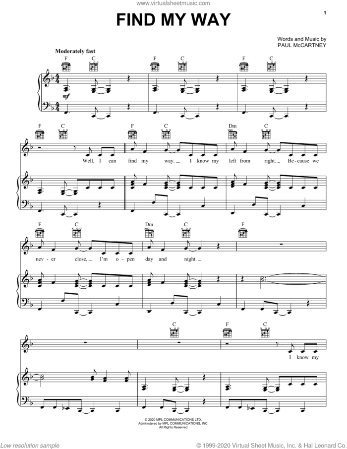 Find My Way sheet music for voice, piano or guitar by Paul McCartney, intermediate skill level