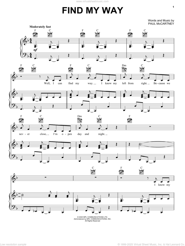 Find My Way sheet music for voice, piano or guitar by Paul McCartney, intermediate skill level