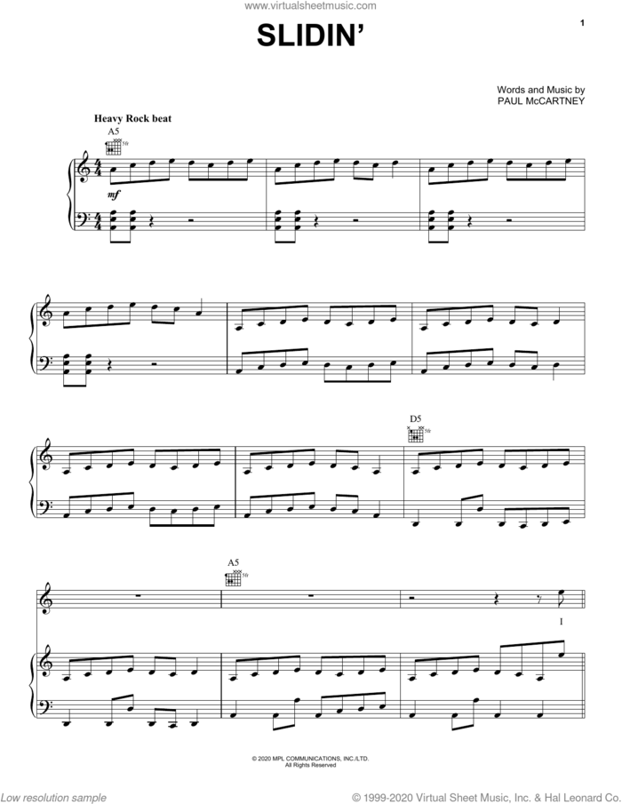 Slidin' sheet music for voice, piano or guitar by Paul McCartney, intermediate skill level