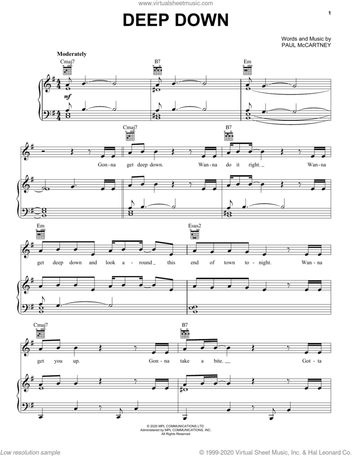 Deep Down sheet music for voice, piano or guitar by Paul McCartney, intermediate skill level