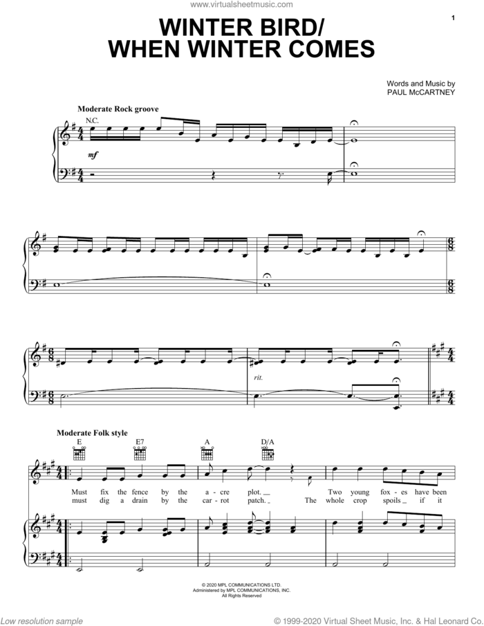 Winter Bird / When Winter Comes sheet music for voice, piano or guitar by Paul McCartney, intermediate skill level