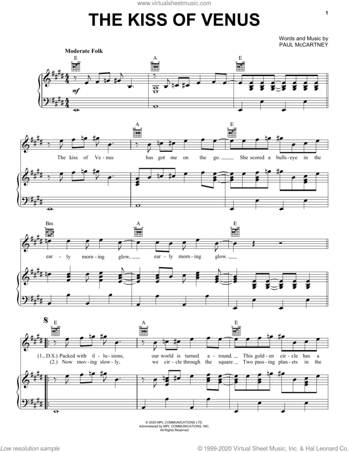 The Kiss Of Venus sheet music for voice, piano or guitar by Paul McCartney, intermediate skill level