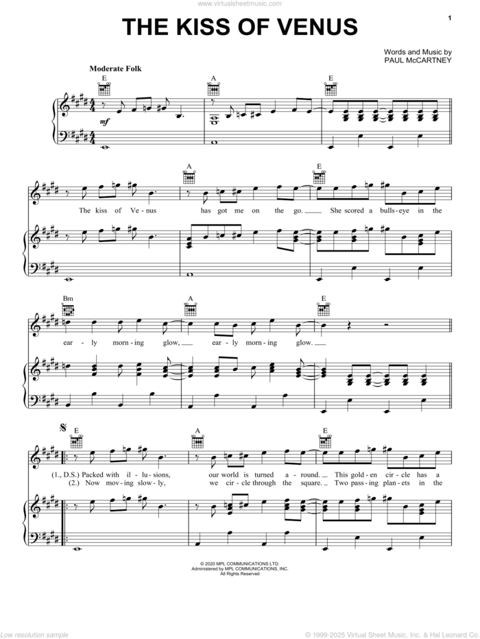 The Kiss Of Venus sheet music for voice, piano or guitar by Paul McCartney, intermediate skill level