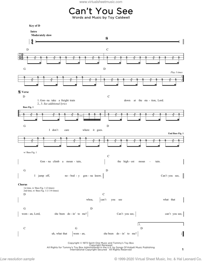 Can't You See sheet music for bass solo by Marshall Tucker Band and Toy Caldwell, intermediate skill level