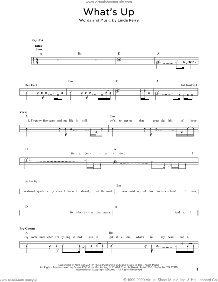 What's Up sheet music for bass solo by 4 Non Blondes and Linda Perry, intermediate skill level