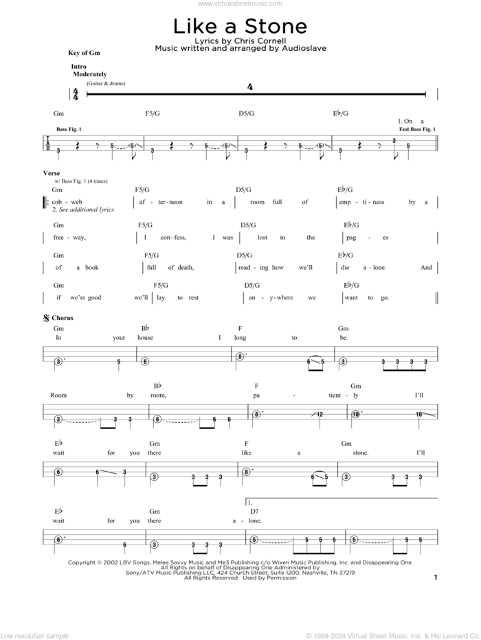 Like A Stone sheet music for bass solo by Audioslave and Chris Cornell, intermediate skill level