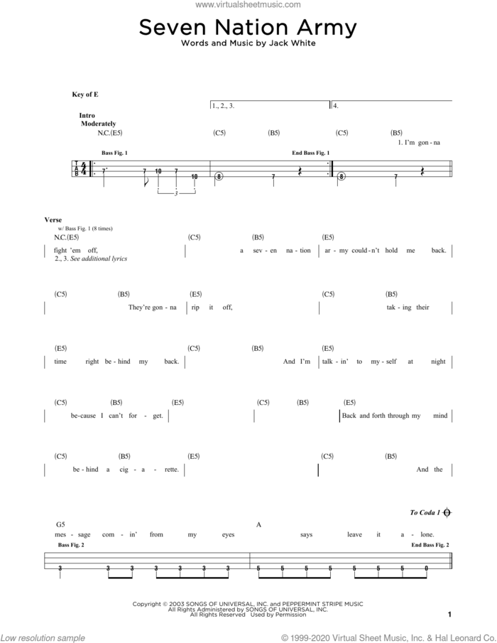 Seven Nation Army sheet music for bass solo by White Stripes and Jack White, intermediate skill level