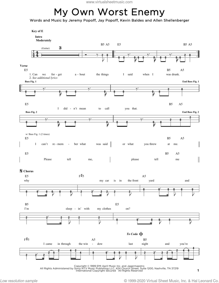 My Own Worst Enemy sheet music for bass solo by Lit, Allen Shellenberger, Jay Popoff, Jeremy Popoff and Kevin Baldes, intermediate skill level
