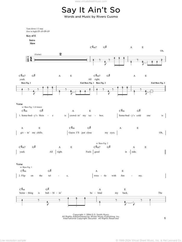 Say It Ain't So sheet music for bass solo by Weezer and Rivers Cuomo, intermediate skill level