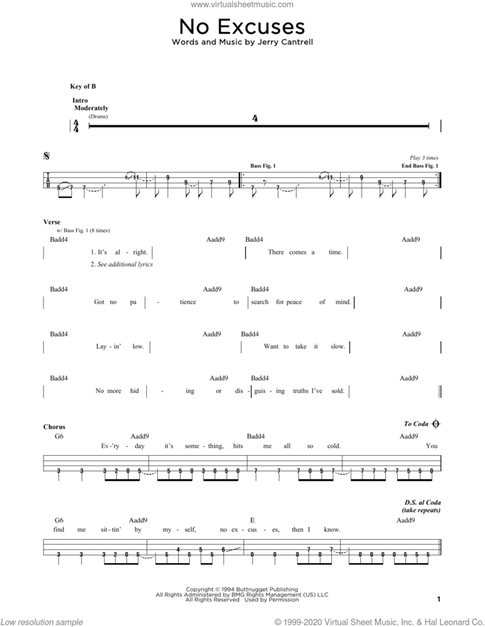 No Excuses sheet music for bass solo by Alice In Chains and Jerry Cantrell, intermediate skill level