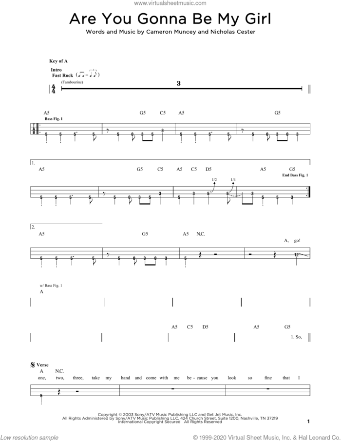 Are You Gonna Be My Girl sheet music for bass solo by Nic Cester and Cameron Muncey, intermediate skill level