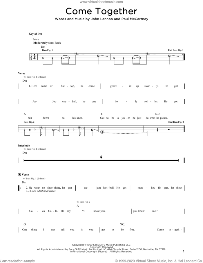 Come Together sheet music for bass solo by The Beatles, John Lennon and Paul McCartney, intermediate skill level