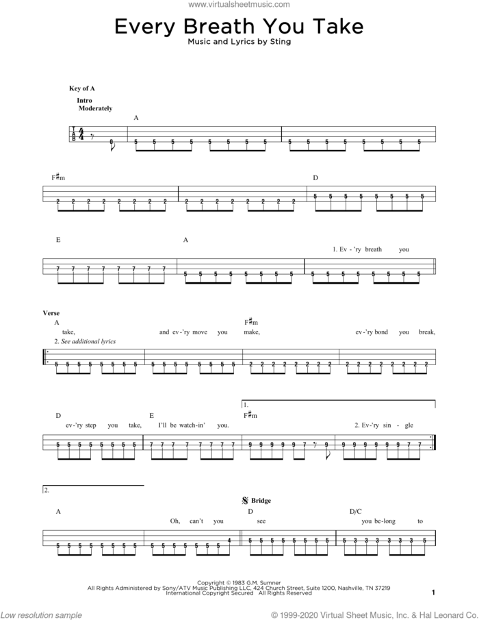 Every Breath You Take sheet music for bass solo by The Police and Sting, intermediate skill level