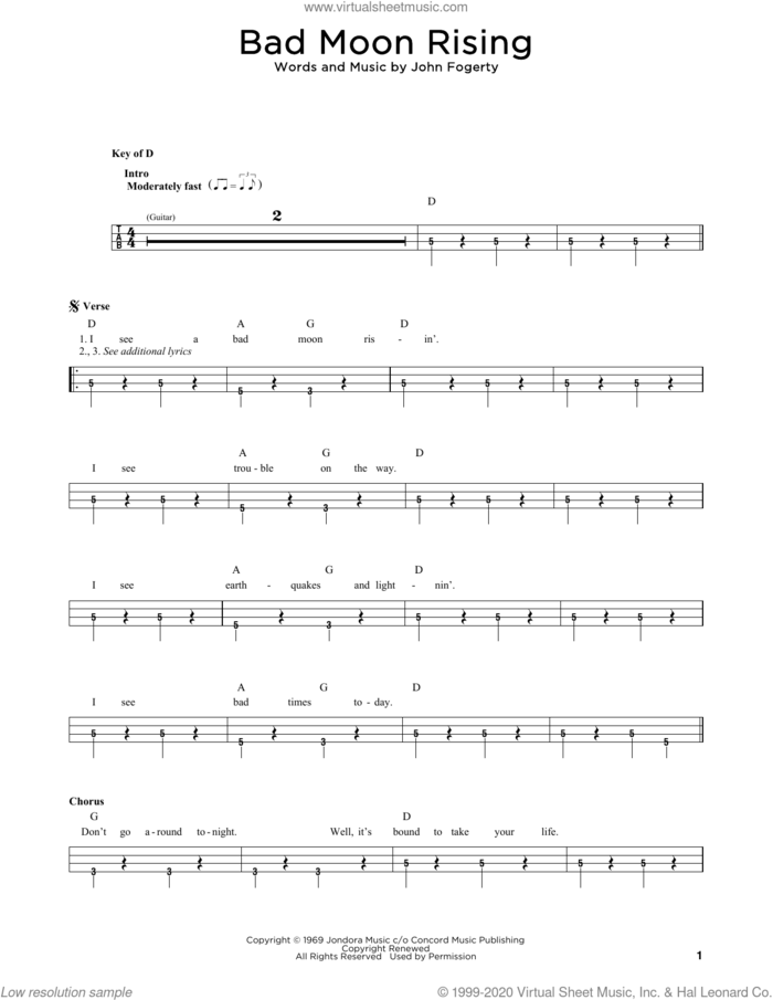 Bad Moon Rising sheet music for bass solo by Creedence Clearwater Revival and John Fogerty, intermediate skill level