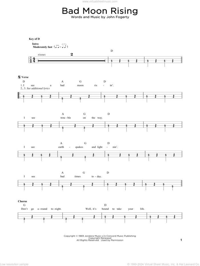 Bad Moon Rising sheet music for bass solo by Creedence Clearwater Revival and John Fogerty, intermediate skill level