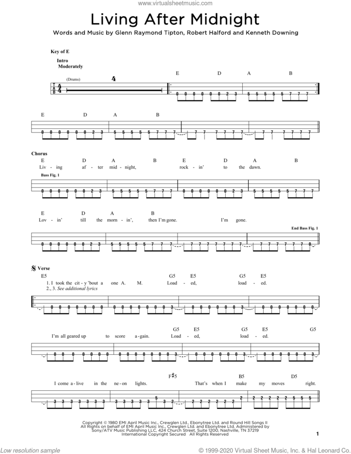 Living After Midnight sheet music for bass solo by Judas Priest, Glenn Raymond Tipton, Kenneth Downing and Rob Halford, intermediate skill level