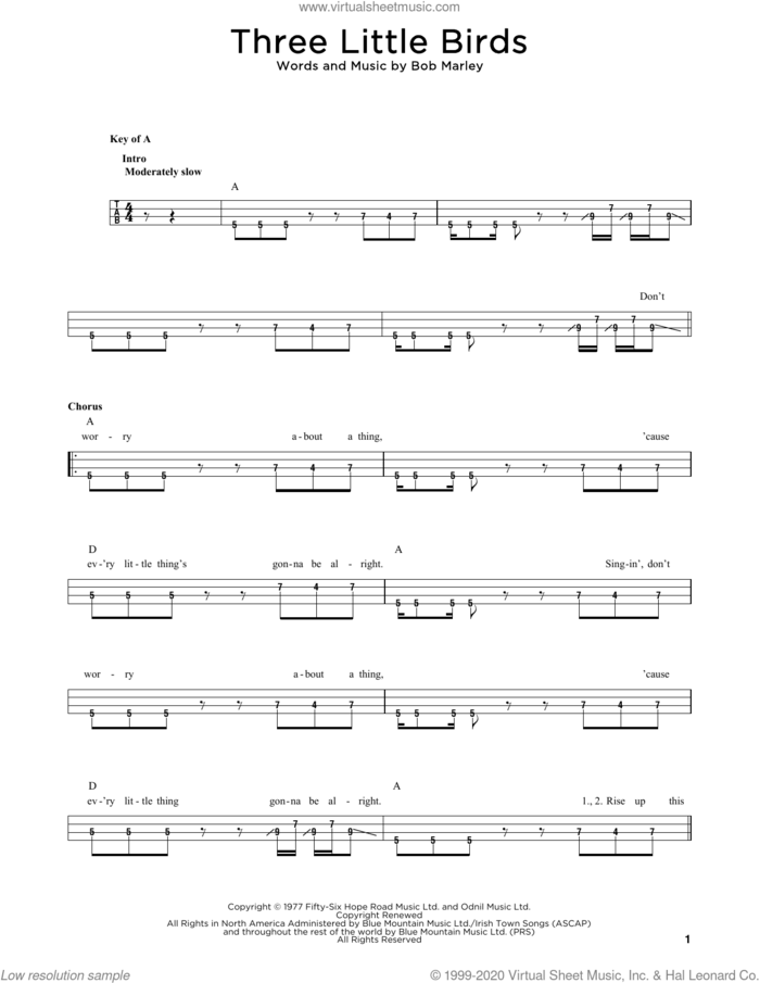 Three Little Birds sheet music for bass solo by Bob Marley, intermediate skill level