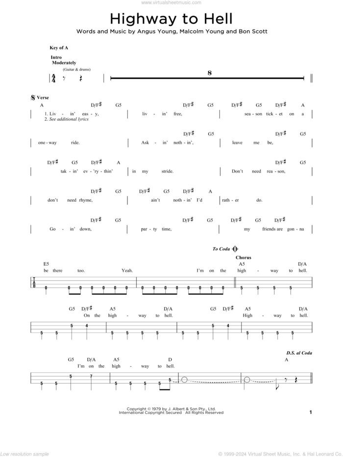 Highway To Hell sheet music for bass solo by AC/DC, Angus Young, Bon Scott and Malcolm Young, intermediate skill level