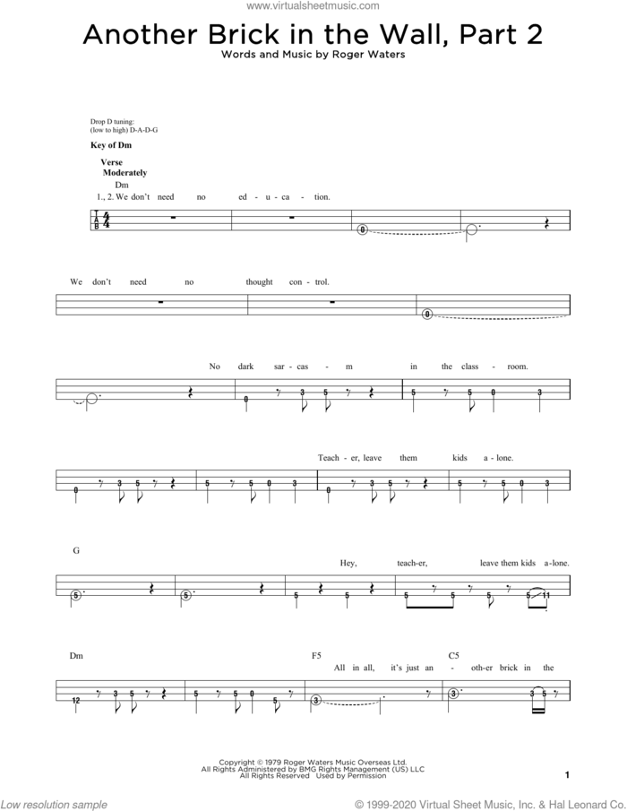 Another Brick In The Wall, Part 2 sheet music for bass solo by Pink Floyd and Roger Waters, intermediate skill level