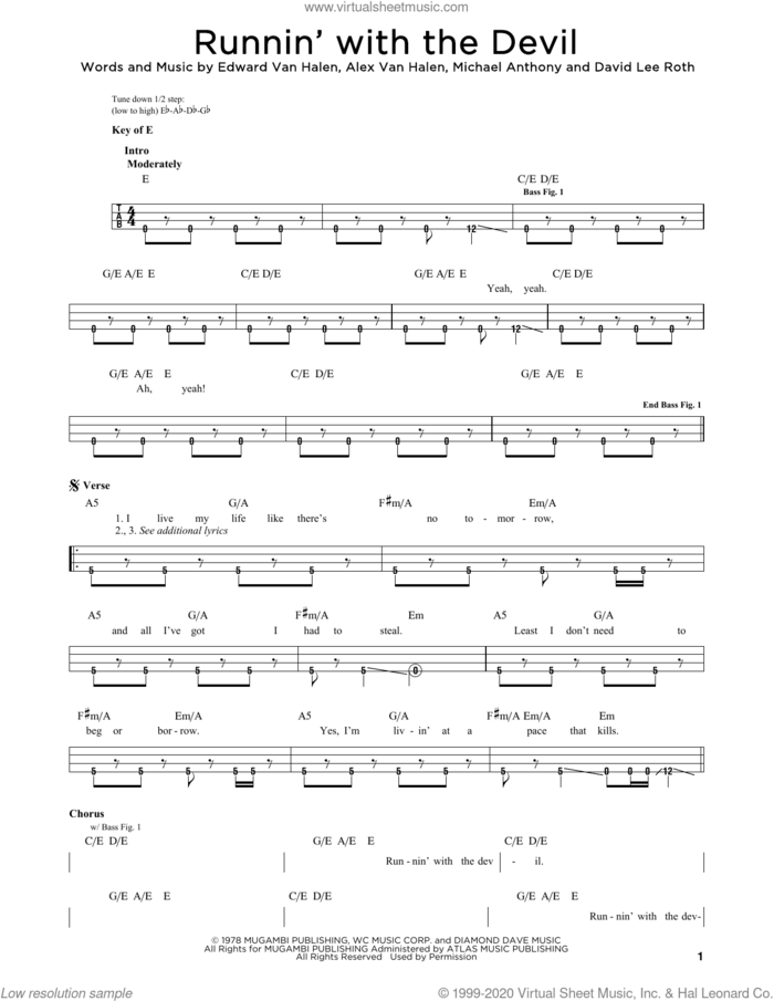 Runnin' With The Devil sheet music for bass solo by Edward Van Halen, Alex Van Halen, David Lee Roth and Michael Anthony, intermediate skill level