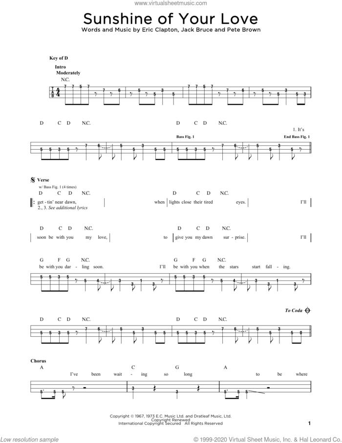Sunshine Of Your Love sheet music for bass solo by Cream, Eric Clapton, Jack Bruce and Pete Brown, intermediate skill level