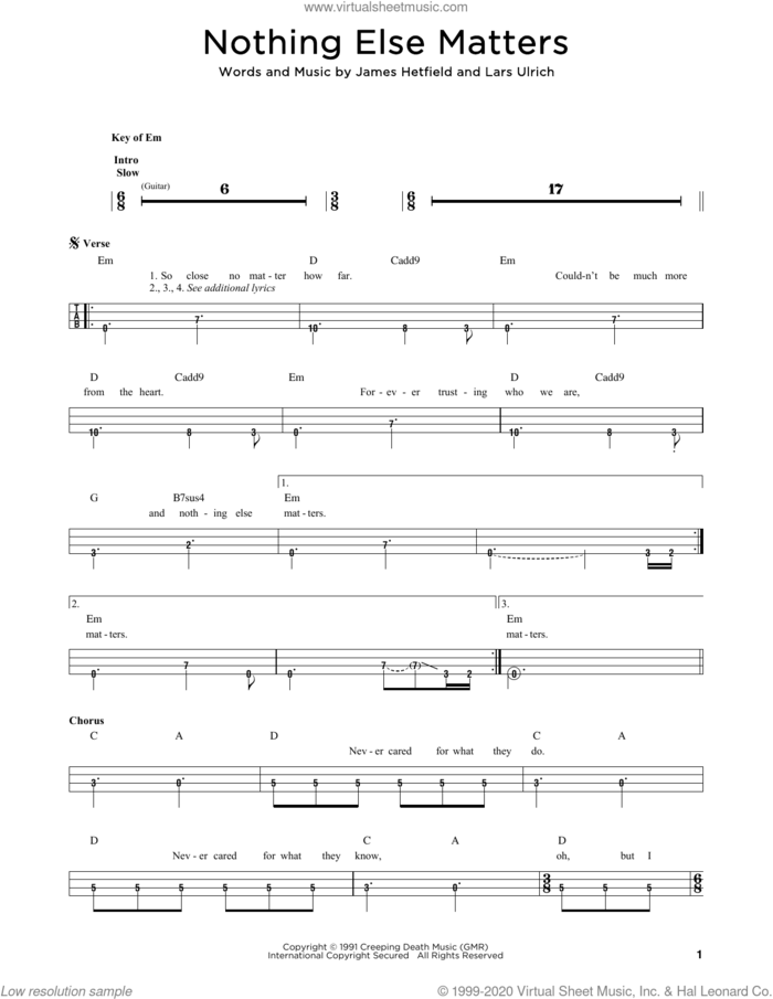 Nothing Else Matters sheet music for bass solo by Metallica, James Hetfield and Lars Ulrich, intermediate skill level