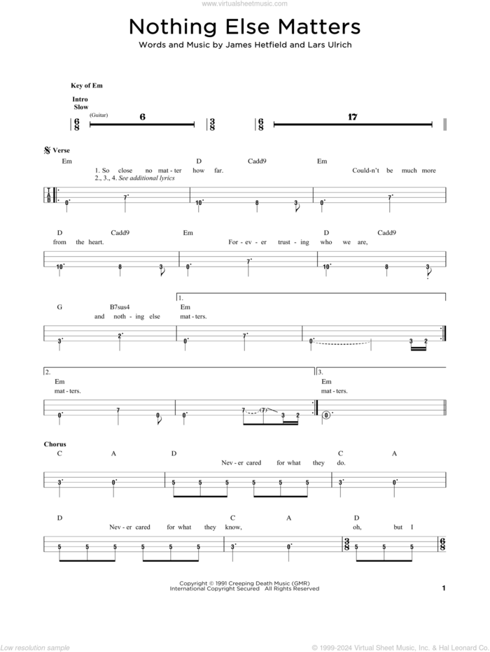 Nothing Else Matters sheet music for bass solo by Metallica, James Hetfield and Lars Ulrich, intermediate skill level