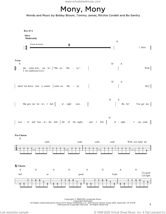 Mony, Mony sheet music for bass solo by Tommy James & The Shondells, Bo Gentry, Bobby Bloom, Ritchie Cordell and Tommy James, intermediate skill level