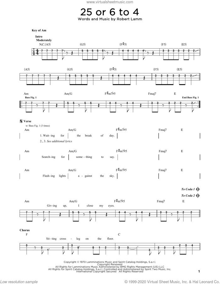 25 Or 6 To 4 sheet music for bass solo by Chicago and Robert Lamm, intermediate skill level