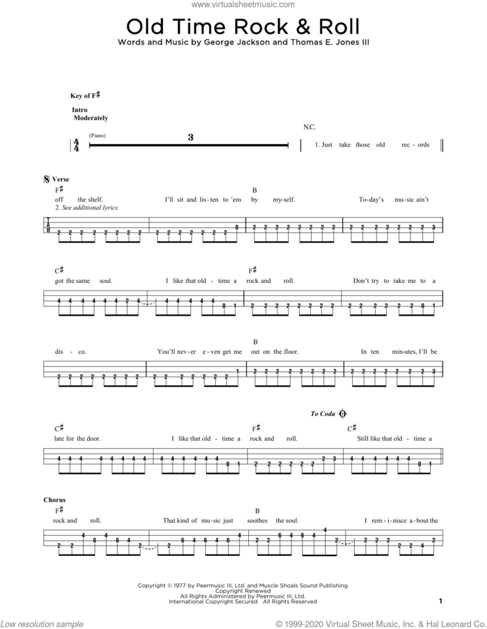 Old Time Rock and Roll sheet music for bass solo by Bob Seger, George Jackson and Tom Jones, intermediate skill level