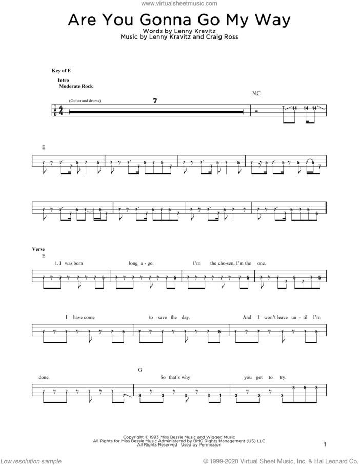 Are You Gonna Go My Way sheet music for bass solo by Lenny Kravitz and Craig Ross, intermediate skill level