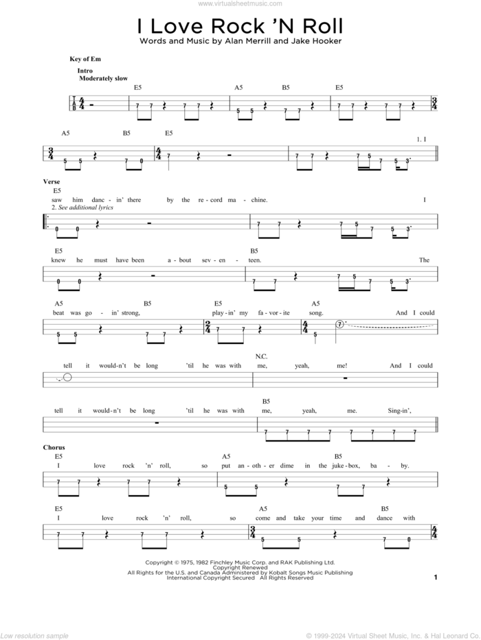 I Love Rock 'N Roll sheet music for bass solo by Joan Jett & The Blackhearts, Alan Merrill and Jake Hooker, intermediate skill level