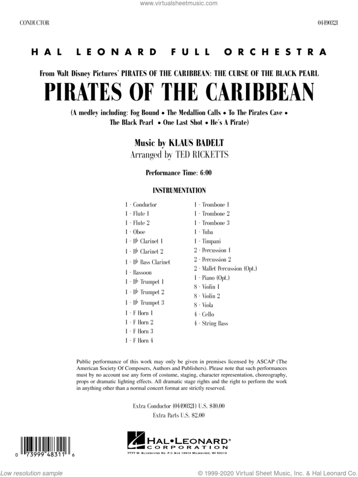 Pirates of the Caribbean (arr. Ted Ricketts) (COMPLETE) sheet music for full orchestra by Ted Ricketts and Klaus Badelt, intermediate skill level