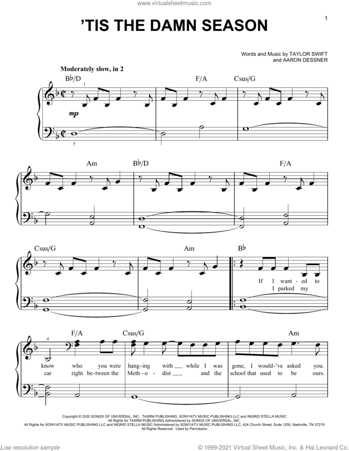 'tis the damn season sheet music for piano solo by Taylor Swift and Aaron Dessner, easy skill level