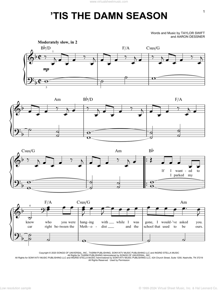 'tis the damn season sheet music for piano solo by Taylor Swift and Aaron Dessner, easy skill level