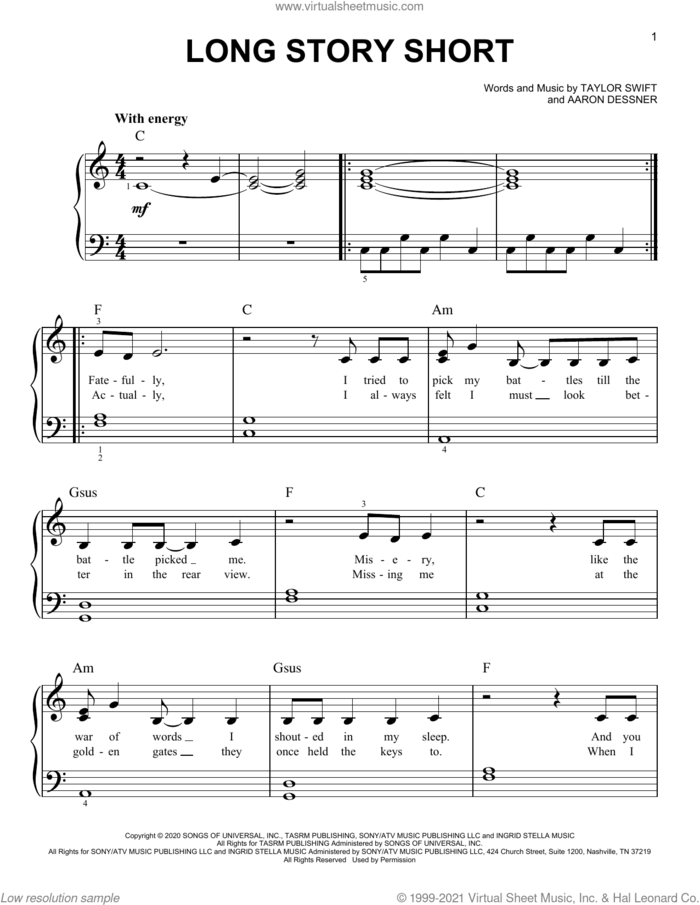 long story short sheet music for piano solo by Taylor Swift and Aaron Dessner, easy skill level