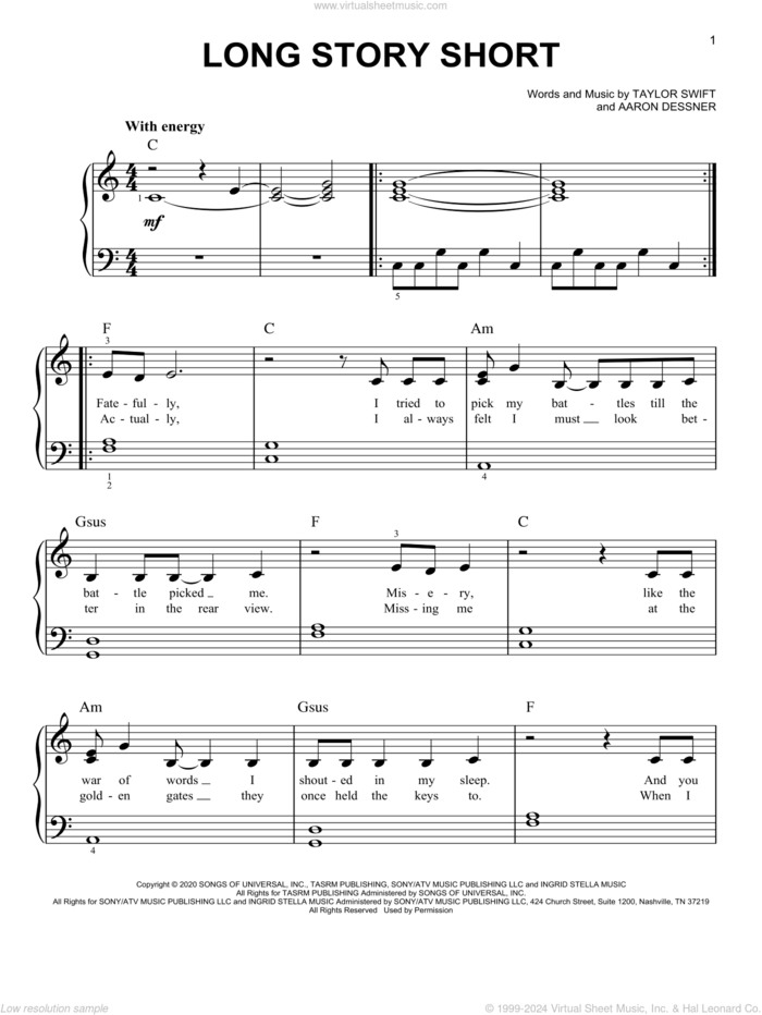 long story short sheet music for piano solo by Taylor Swift and Aaron Dessner, easy skill level