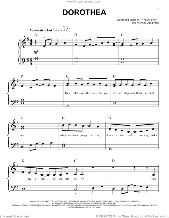 dorothea sheet music for piano solo by Taylor Swift and Aaron Dessner, easy skill level