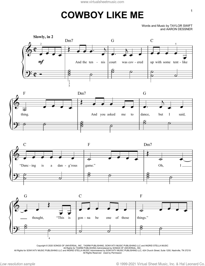 cowboy like me sheet music for piano solo by Taylor Swift and Aaron Dessner, easy skill level