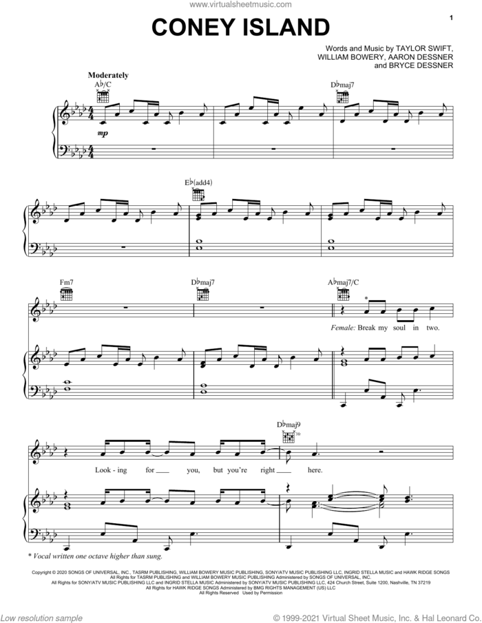 coney island (feat. The National) sheet music for voice, piano or guitar by Taylor Swift, Aaron Dessner, Bryce Dessner and William Bowery, intermediate skill level