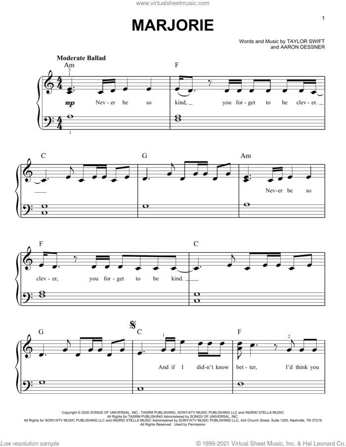 marjorie sheet music for piano solo by Taylor Swift and Aaron Dessner, easy skill level