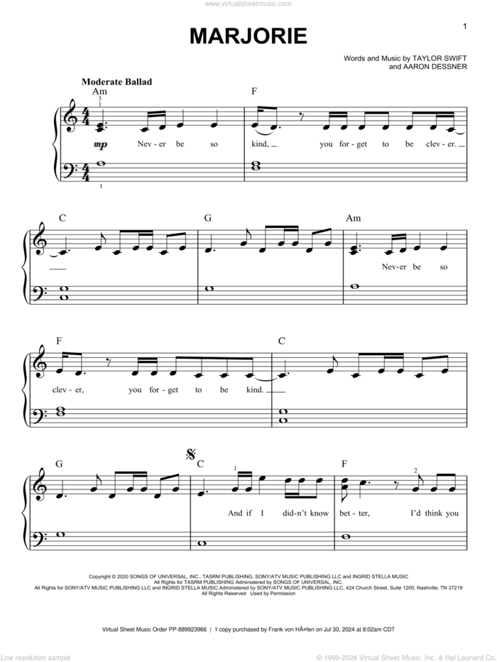 marjorie sheet music for piano solo by Taylor Swift and Aaron Dessner, easy skill level